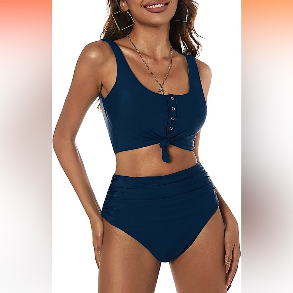 NEW 2 piece navy blue bikini swimsuit swimwear modest scoop back knot ruched